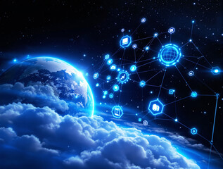 Obraz premium Glowing tech network with digital icons and connections floating in deep space above Earth and clouds at night, futuristic concept of global communication, Ai generative