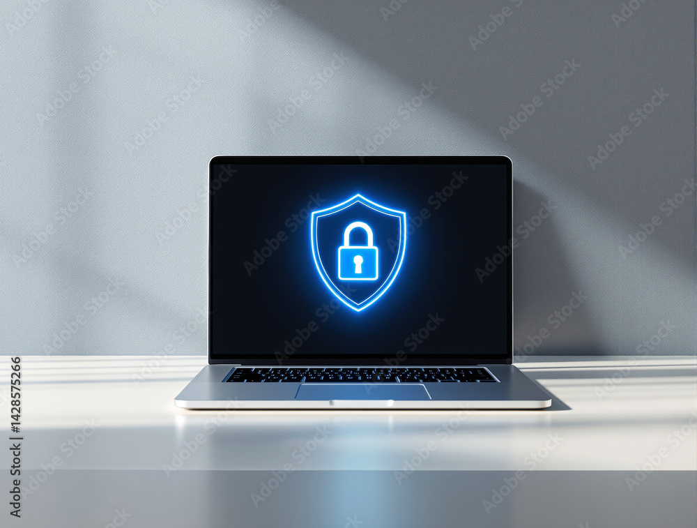 Poster laptop with glowing padlock symbol on screen, modern minimal style, placed on white desk with soft s