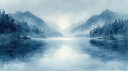 Naklejka premium Misty Mountain Lake Serenity: A Blue Hue Watercolor Landscape