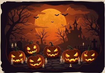 Spooky Halloween Night Scene with Jack-o'-lanterns and Castle