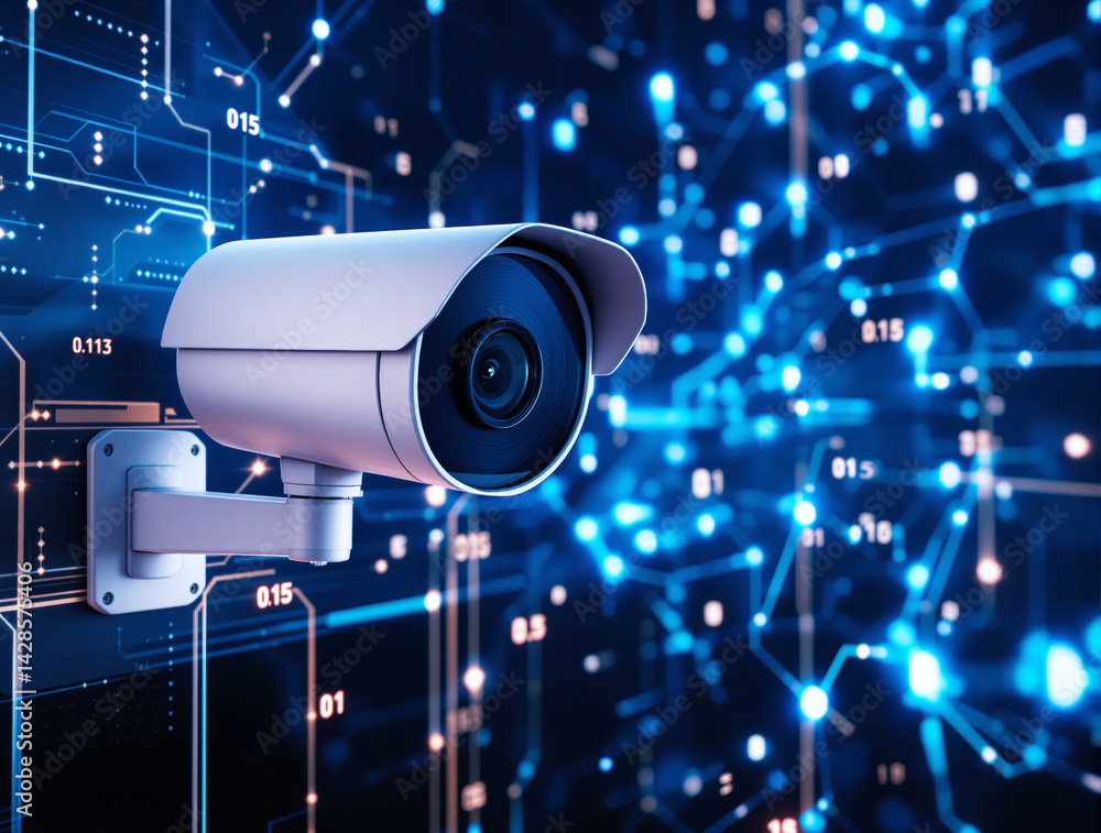 Poster surveillance camera on wall with futuristic digital circuit background, glowing data points on dark 