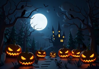 Spooky Halloween Night Scene with Jack-o'-Lanterns and Castle