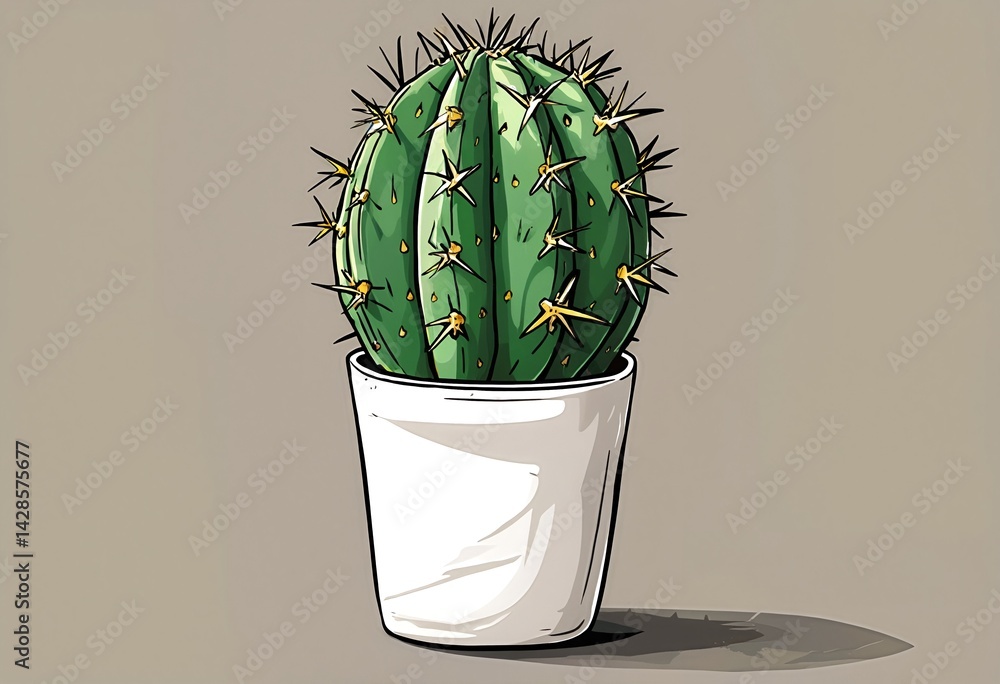 Poster a digitally illustrated cactus with sharp spines stands in a simple white pot, casting a soft shadow
