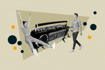 Creative template collage of person dancing with tape player on yellow green background