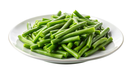 A generous helping of fresh green beans on a white plate on transparent background png