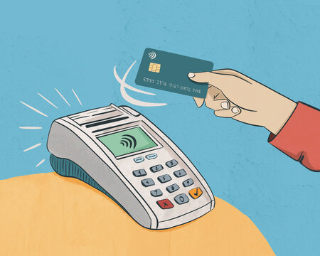 Illustration of a hand making a contactless payment with a credit card
