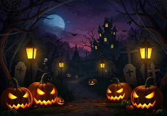 Fototapeta premium Spooky Halloween Night Scene with Jack-o'-lanterns and Haunted Castle