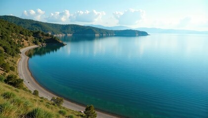 Fototapeta premium Irregular shoreline, meandering curves of a lake's edge against land, river, aerial, stream