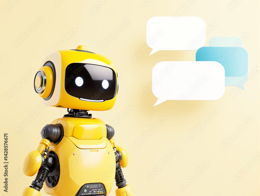 Poster cheerful yellow robot with glowing eyes beside floating chat bubbles, glossy style on soft yellow ba
