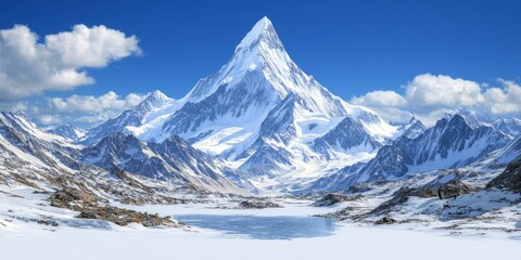 Majestic Snow-Covered Mountain Peak: An Untouched Winter Wonderland in the High Altitude Landscape