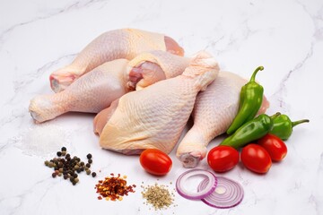 Raw chicken legs with spices and vegetables on a white backgrund