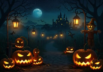 Spooky Halloween Night Scene with Pumpkins and Scarecrow