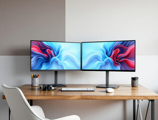 Dual monitors on a wooden desk with keyboard, mouse, headphones, and decor in a minimalist home office, modern tech setup on neutral background. Ai generative
