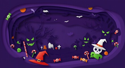 Naklejka premium Spooky Halloween Paper Art Scene with Candy and Skulls