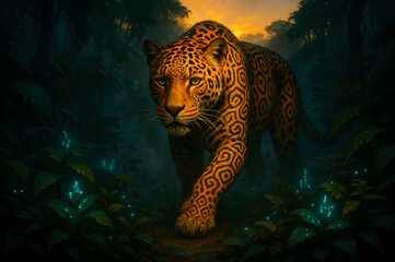Mystical jaguar with tribal markings walking through bioluminescent jungle at dawn, fantasy-inspired digital artwork
