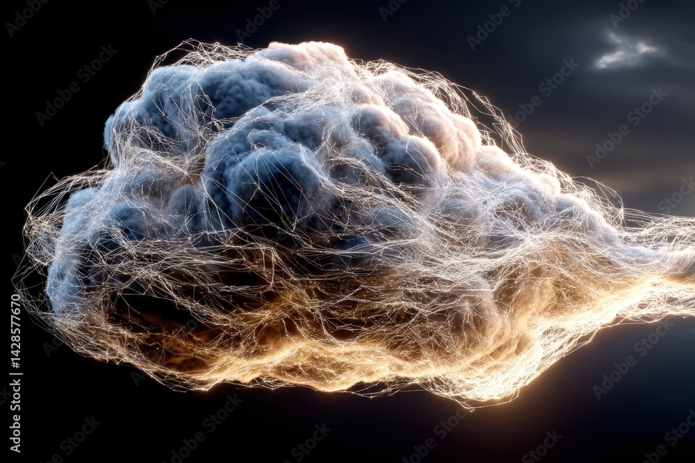 Poster a dramatic cloud formation illuminated by light, showcasing intricate textures and a dynamic web-lik