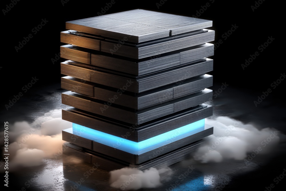 Poster a futuristic stack structure with illuminated layers, set against a dark background, surrounded by a