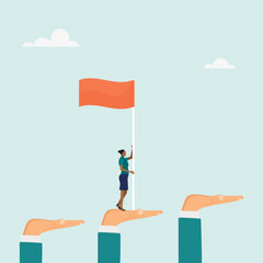 Character jumping up giant hand growth ladder to move towards goal. Mentoring to help employee achieve success. Vector illustration.	