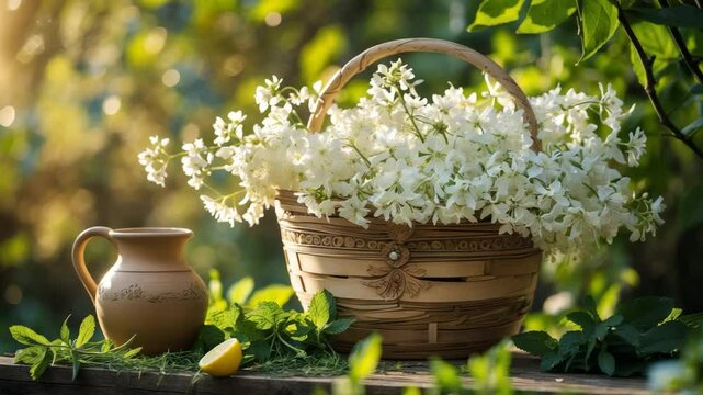 Elder flower blossoms in a basket within the garden - herbs for making syrup alongside a jug and sun rays