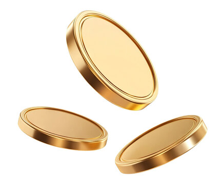 Floating gold coins in motion, isolated on transparent cutout background
