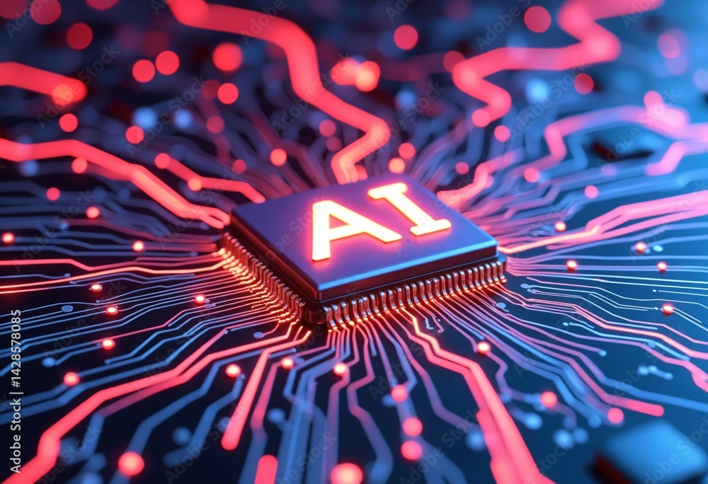 Leinwandbilder ai word on microchip and colorful light spread with strong beam , ai concept with copyspace banner b