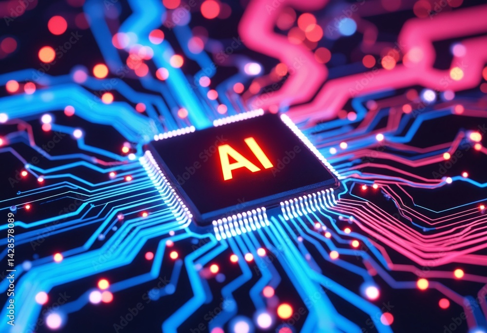 Poster AI word on microchip and colorful light spread with strong beam , AI concept with copyspace banner background, Generative AI