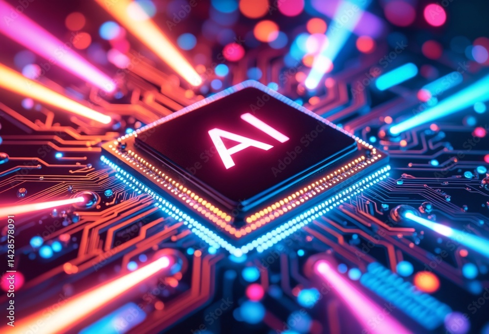 Poster AI word on microchip and colorful light spread with strong beam , AI concept with copyspace banner background, Generative AI