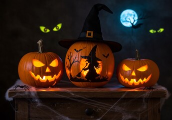 Spooky Halloween Pumpkins with Witch Silhouette