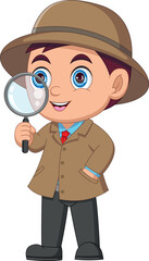 Little boy in detective costume and holding magnifying glass cartoon
