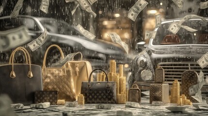 Luxury lifestyle with money raining down and luxury items in background