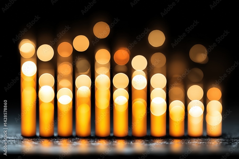 Poster a mesmerizing display of illuminated shapes, resembling candles or lights, set against a dark backgr