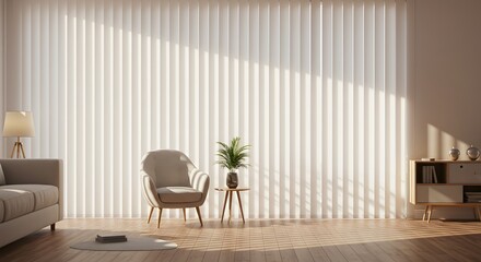 Living Room Interior with Neutral Colors and Vertical Blinds