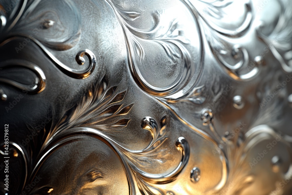 Poster Textured metallic surface with intricate floral patterns illuminated by soft light capturing elegance in design