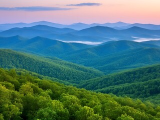 Obraz premium Serene Sunrise Over Lush Green Mountains Breathtaking View of Rolling Hills and Misty Peaks