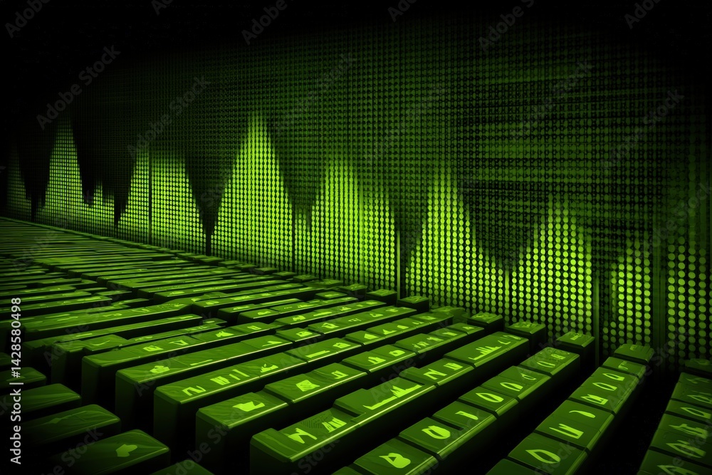 Poster a vibrant green digital landscape showcasing a keyboard with sound wave patterns in the background, 