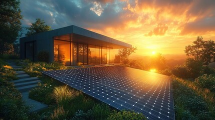 Contemporary house set against a dramatic sunset sky, with large solar panels capturing sunlight amidst lush greenery, embodying sustainable design.