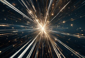 a vibrant explosion of golden light and streaking particles radiates outward against a dark, cosmic background.