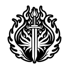 A filled style icon of flaming sword symbol