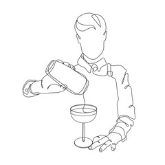 Male Bartender Making a Cocktail. Continuous One Line Drawing.