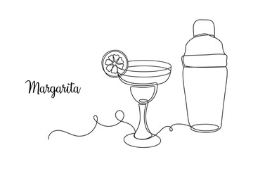 Margarita with Cocktail Shaker. Continuous One Line Vector Illustration.