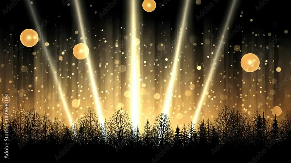 Poster abstract golden light rays shining above silhouetted trees with floating luminous orbs and bokeh lig
