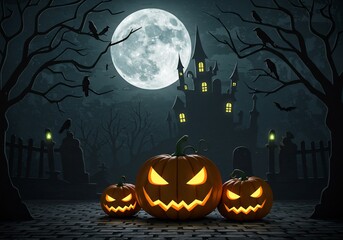 Fototapeta premium Three Jack-o'-lanterns Glow Before a Spooky Castle Under a Full Moon
