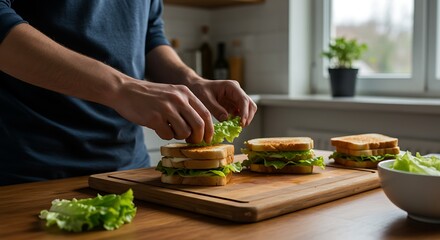 Man making fresh sandwiches with lettuce on a wooden board indoors