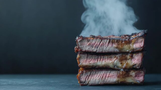 Delicious Stack of Sizzling Steaks with Smoke Close up Food Photography