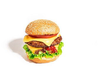 Double burger, cheeseburger isolated on white