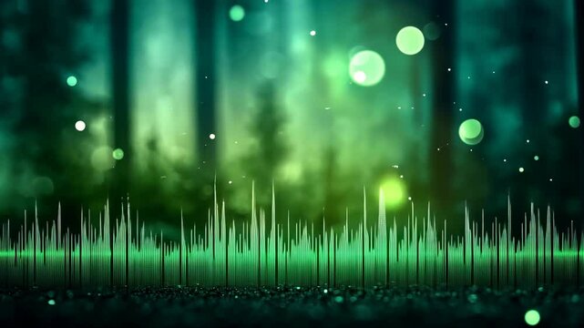 Lush green forest backdrop with an overlay of glowing green audio visualizer bars for a digital effect