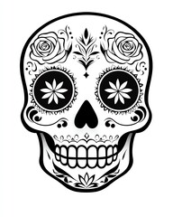 sugar skull design with stylized roses, black and white Day of the Dead motif, crisp vector lines, ornamental and festive look
