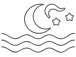 Soothing Line Art of Ocean Waves with Moon and Stars for Nighttime and Nature Designs