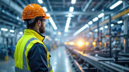 A construction worker in a safety helmet and reflective vest observes a busy industrial environment filled with machinery and bright lights.