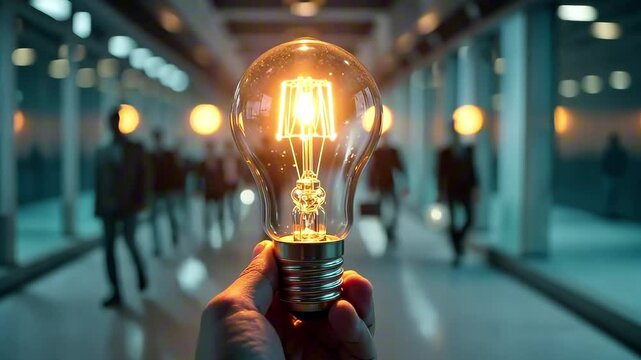 Hand holding glowing light bulb in focus, with blurred professionals walking in background, creating an atmosphere of inspiration and collaboration, camera follows action